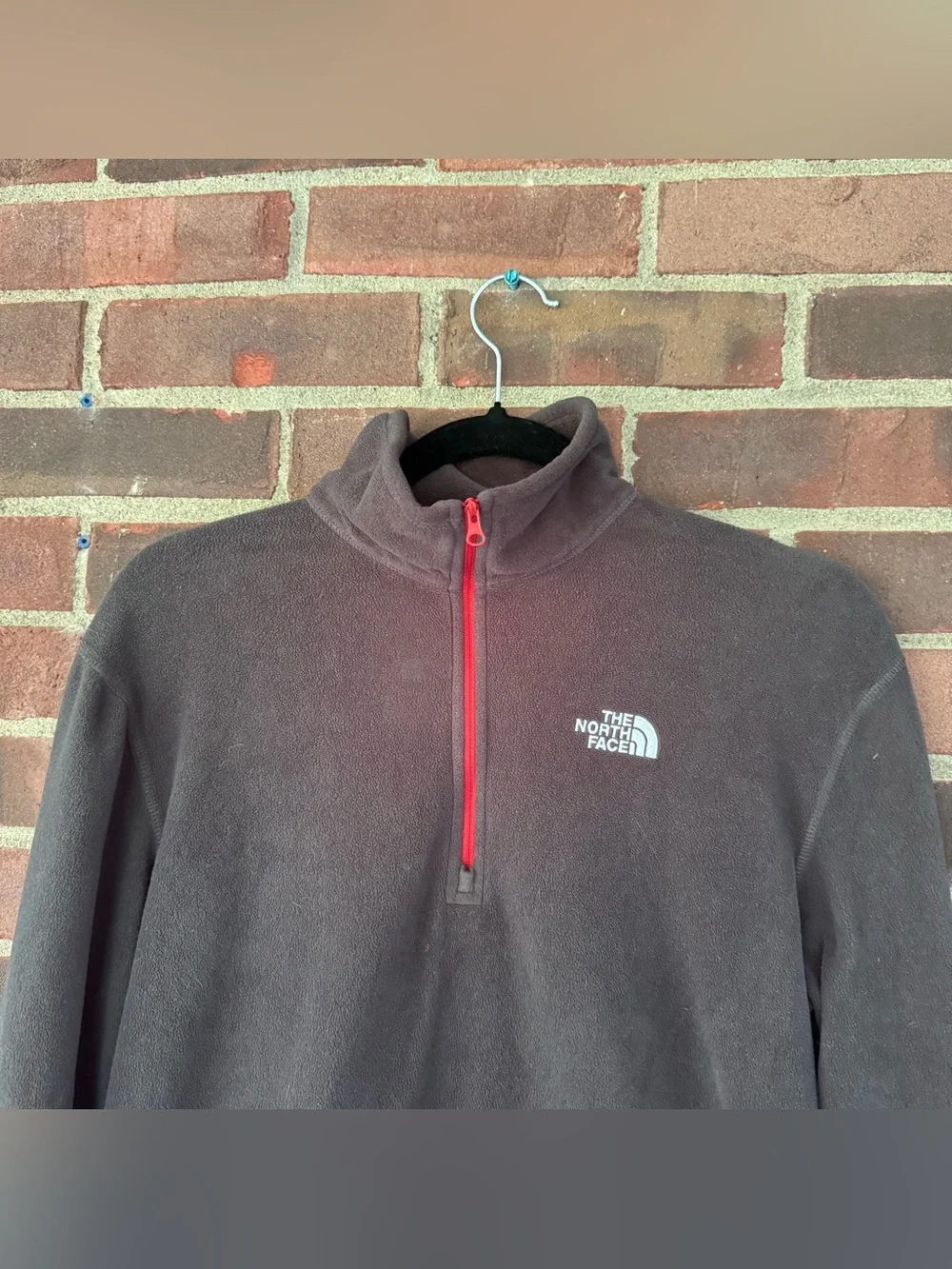 The North Face Mens Small 1/4 Zip Fleece Pullover Black Red Logo Jacket